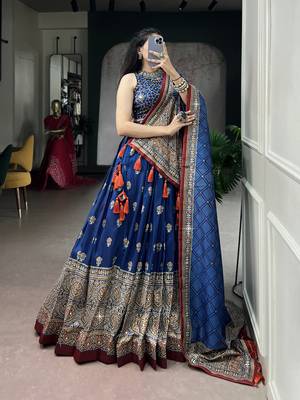 Women's Tussar Silk Ajrakh Print Lehenga Choli with Mirror Work and Dupatta for Navratri Garba Wear 4