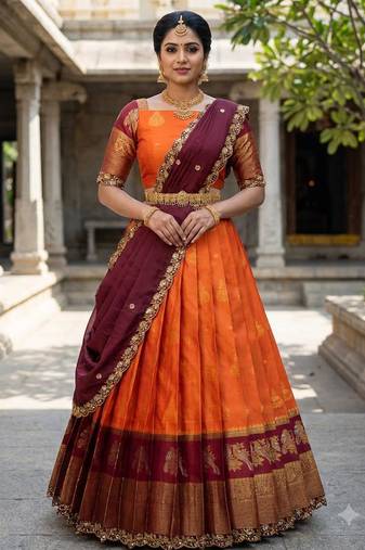 Beautiful South Indian Style Semi-Stitched Half Saree with Blouse and Dupatta for Women