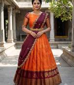 Beautiful South Indian Style Semi-Stitched Half Saree with Blouse and Dupatta for Women