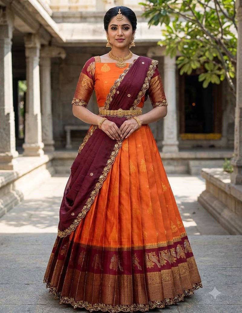 Beautiful South Indian Style Semi-Stitched Half Saree with Blouse and Dupatta for Women