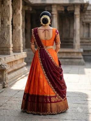 Beautiful South Indian Style Semi-Stitched Half Saree with Blouse and Dupatta for Women 2
