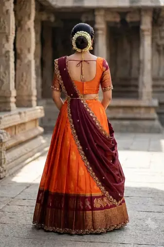 Beautiful South Indian Style Semi-Stitched Half Saree with Blouse and Dupatta for Women