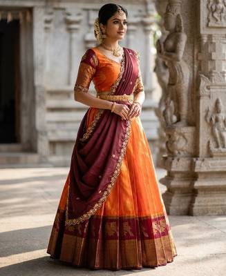 Beautiful South Indian Style Semi-Stitched Half Saree with Blouse and Dupatta for Women 3