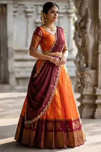 Beautiful South Indian Style Semi-Stitched Half Saree with Blouse and Dupatta for Women