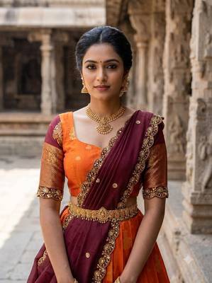 Beautiful South Indian Style Semi-Stitched Half Saree with Blouse and Dupatta for Women 4