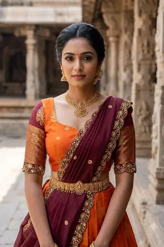 Beautiful South Indian Style Semi-Stitched Half Saree with Blouse and Dupatta for Women