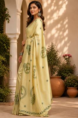 Chikoo color digital printed chanderi ready to wear saree with blouse 3