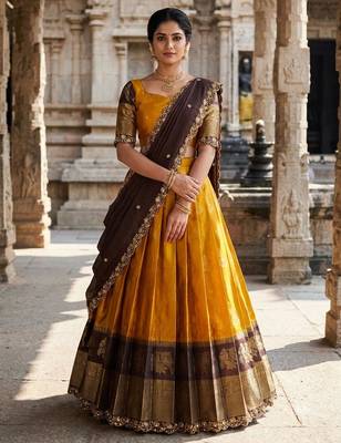 Beautiful South Indian Style Semi-Stitched Half Saree with Blouse and Dupatta for Women 1