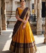 Beautiful South Indian Style Semi-Stitched Half Saree with Blouse and Dupatta for Women