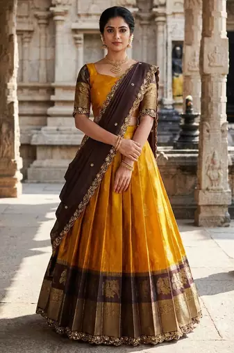 Beautiful South Indian Style Semi-Stitched Half Saree with Blouse and Dupatta for Women