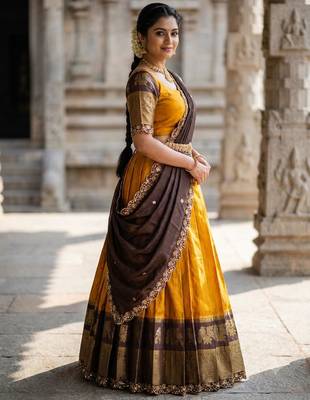 Beautiful South Indian Style Semi-Stitched Half Saree with Blouse and Dupatta for Women 3