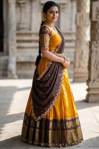 Beautiful South Indian Style Semi-Stitched Half Saree with Blouse and Dupatta for Women