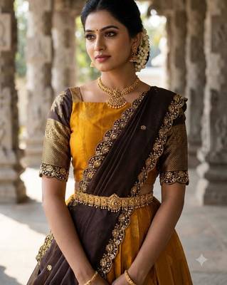 Beautiful South Indian Style Semi-Stitched Half Saree with Blouse and Dupatta for Women 4