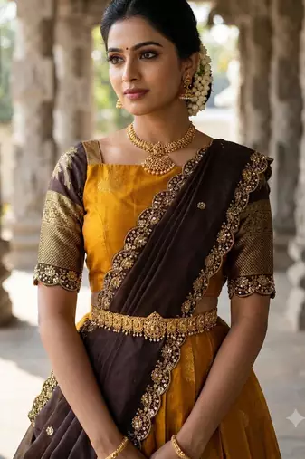 Beautiful South Indian Style Semi-Stitched Half Saree with Blouse and Dupatta for Women