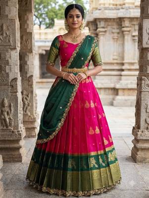 Beautiful South Indian Style Semi-Stitched Half Saree with Blouse and Dupatta for Women 1