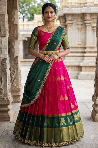 Beautiful South Indian Style Semi-Stitched Half Saree with Blouse and Dupatta for Women