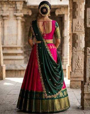 Beautiful South Indian Style Semi-Stitched Half Saree with Blouse and Dupatta for Women 2