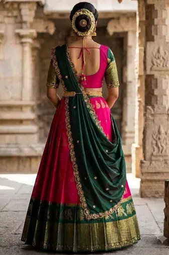 Beautiful South Indian Style Semi-Stitched Half Saree with Blouse and Dupatta for Women