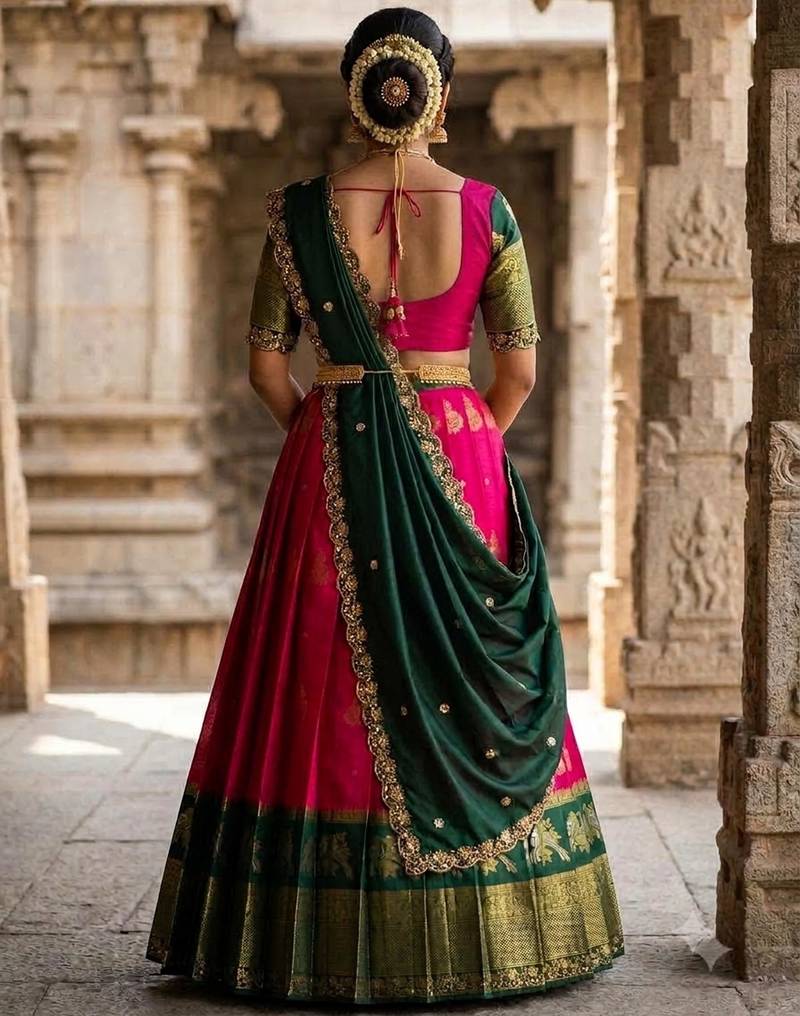 Beautiful South Indian Style Semi-Stitched Half Saree with Blouse and Dupatta for Women