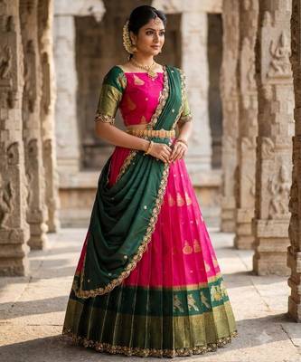 Beautiful South Indian Style Semi-Stitched Half Saree with Blouse and Dupatta for Women 3