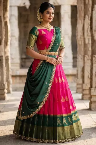 Beautiful South Indian Style Semi-Stitched Half Saree with Blouse and Dupatta for Women