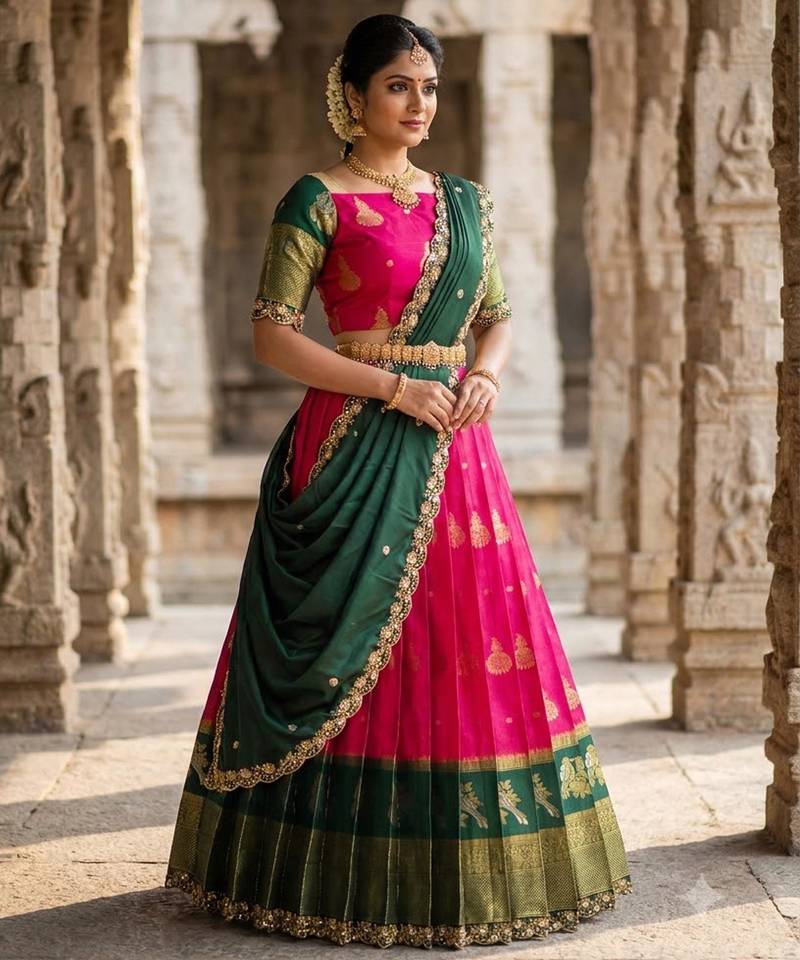 Beautiful South Indian Style Semi-Stitched Half Saree with Blouse and Dupatta for Women
