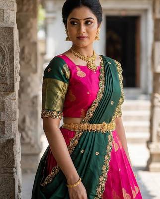 Beautiful South Indian Style Semi-Stitched Half Saree with Blouse and Dupatta for Women 4