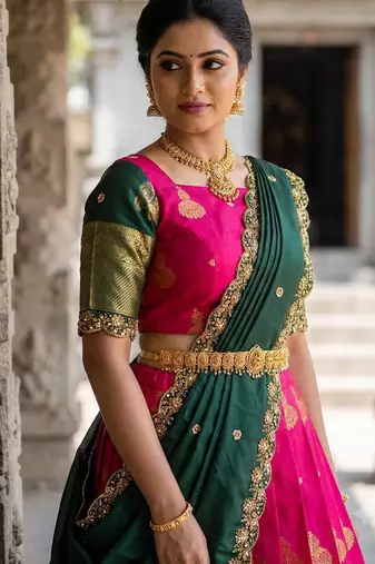 Beautiful South Indian Style Semi-Stitched Half Saree with Blouse and Dupatta for Women