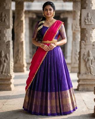 Beautiful South Indian Style Semi-Stitched Half Saree with Blouse and Dupatta for Women 1