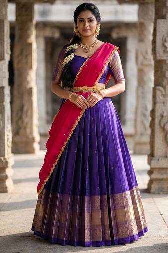 Beautiful South Indian Style Semi-Stitched Half Saree with Blouse and Dupatta for Women