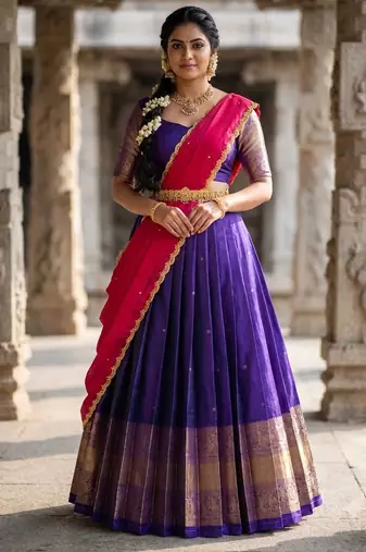 Beautiful South Indian Style Semi-Stitched Half Saree with Blouse and Dupatta for Women
