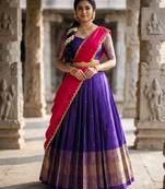Beautiful South Indian Style Semi-Stitched Half Saree with Blouse and Dupatta for Women