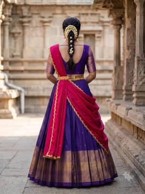 Beautiful South Indian Style Semi-Stitched Half Saree with Blouse and Dupatta for Women 2