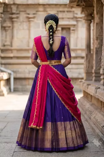 Beautiful South Indian Style Semi-Stitched Half Saree with Blouse and Dupatta for Women