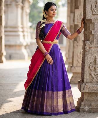 Beautiful South Indian Style Semi-Stitched Half Saree with Blouse and Dupatta for Women 3
