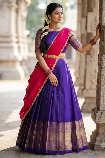 Beautiful South Indian Style Semi-Stitched Half Saree with Blouse and Dupatta for Women