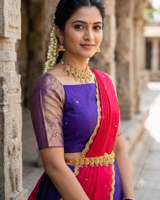 Beautiful South Indian Style Semi-Stitched Half Saree with Blouse and Dupatta for Women 4
