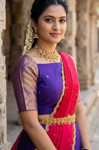 Beautiful South Indian Style Semi-Stitched Half Saree with Blouse and Dupatta for Women