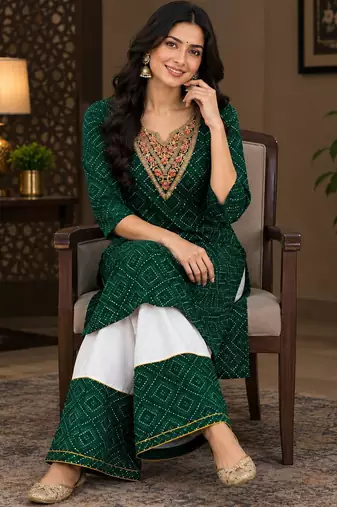 rayon fabric bandhani printed embroidery work kurta with palazzo