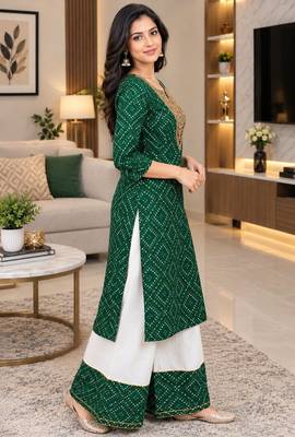 rayon fabric bandhani printed embroidery work kurta with palazzo 3