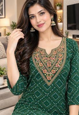 rayon fabric bandhani printed embroidery work kurta with palazzo 4
