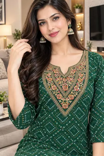 rayon fabric bandhani printed embroidery work kurta with palazzo