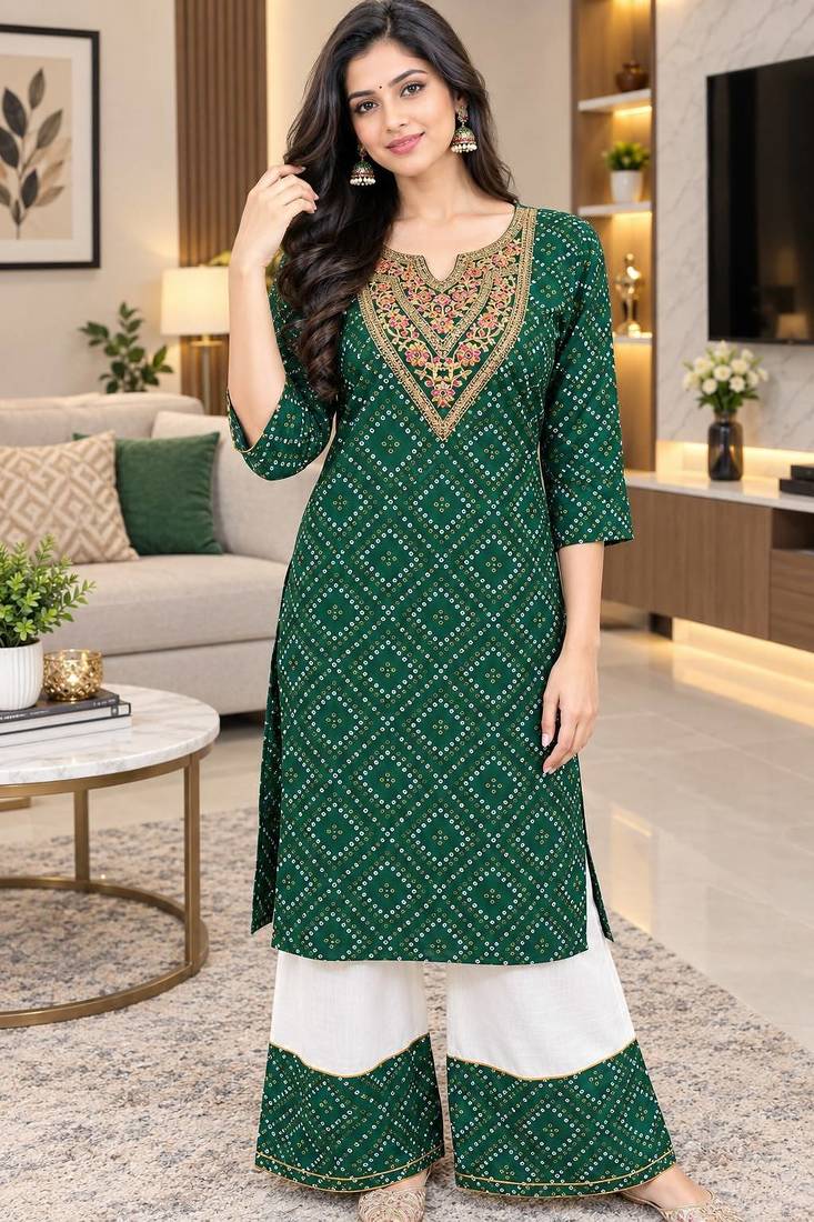 rayon fabric bandhani printed embroidery work kurta with palazzo