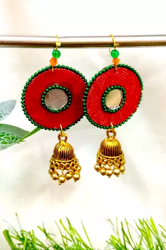 red fabric with jhumkas