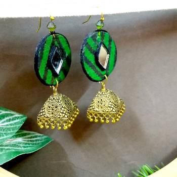 Green fabric with antique jhumkas 1