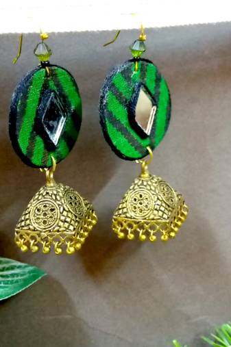 Green fabric with antique jhumkas