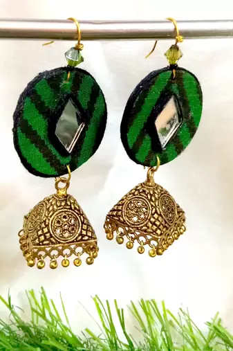 Green fabric with antique jhumkas