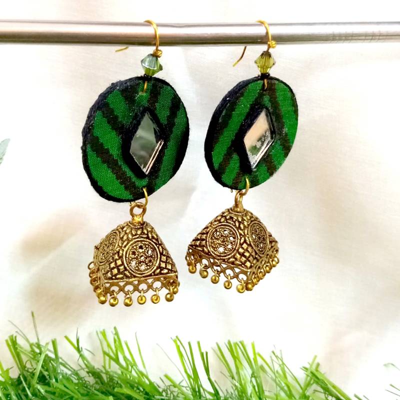 Green fabric with antique jhumkas