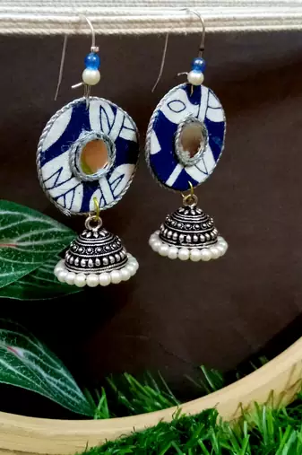 blue fabric with jhumkas