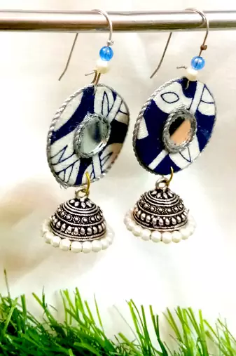 blue fabric with jhumkas